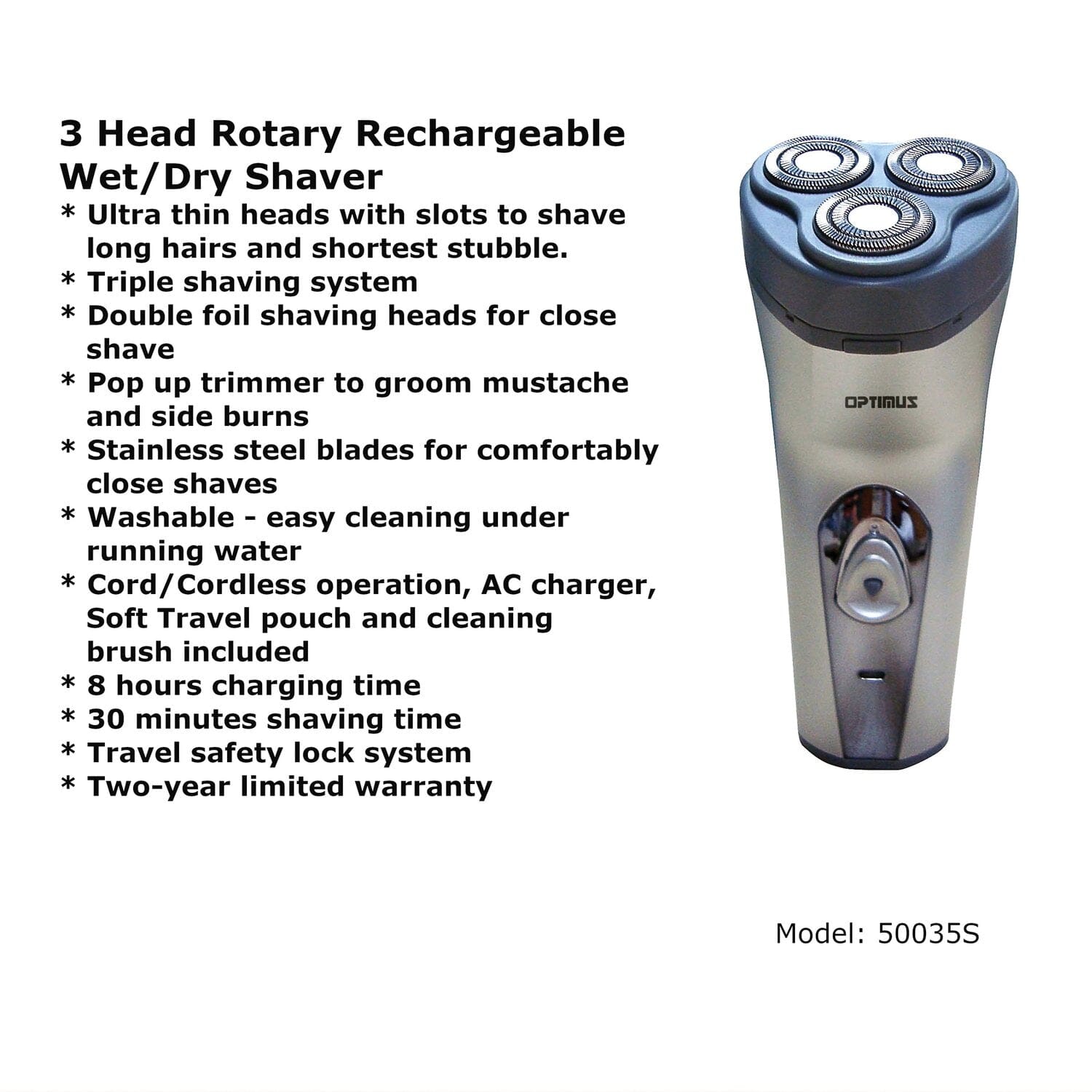 Optimus 50035 Head Rotary Rechargeable Wet/dry Shaver (Clear) Men's Grooming - DailySale