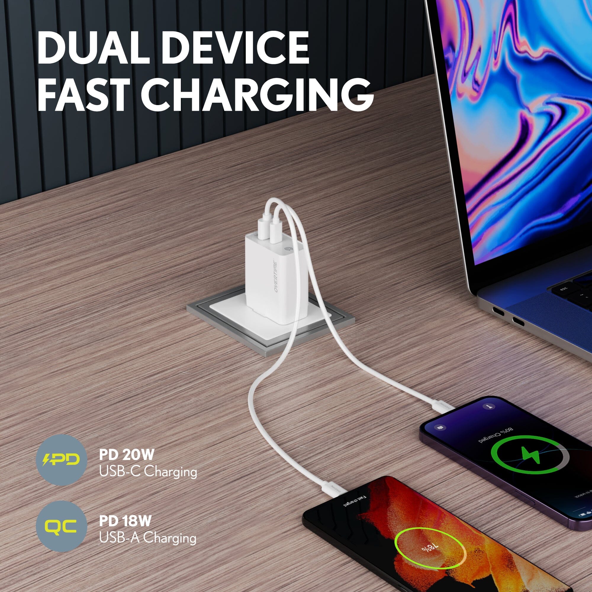 Overtime Dual Port USB A and USB C 38W Fast Charging Power Adapter Mobile Accessories - DailySale