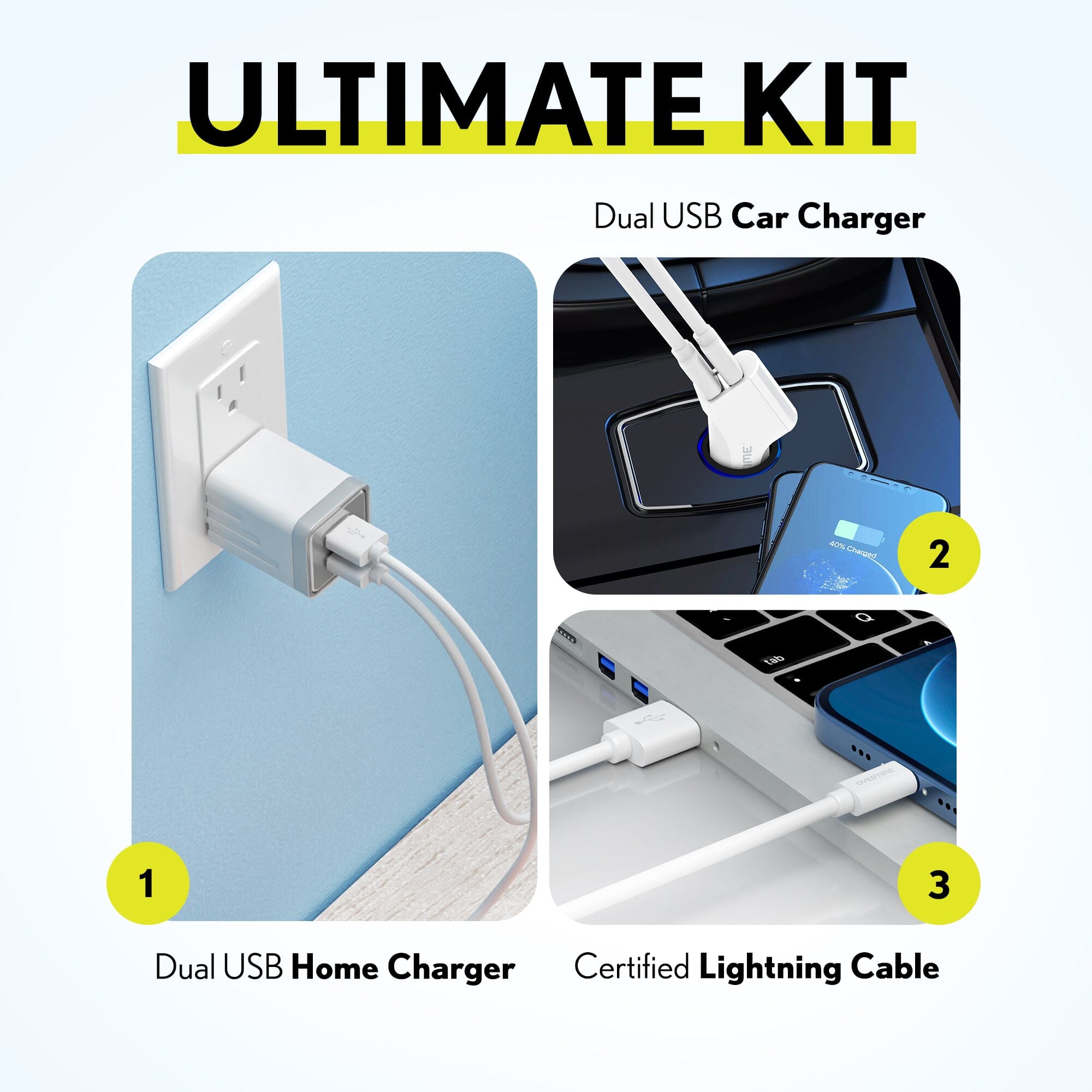 Overtime Home and Car Complete Charging Kit: Fast Wall & Car Chargers + Durable Lightning Cable Mobile Accessories - DailySale