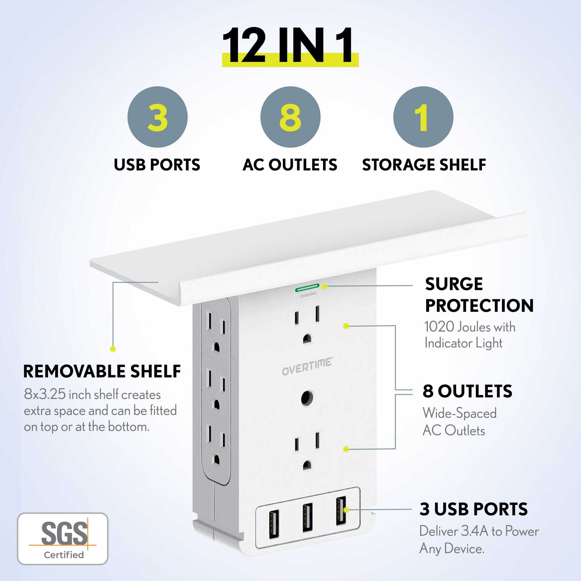 Overtime Outlet Extender with 8 AC and 3 USB Outlets Detachable Shelf Multi-Plug Outlet Extender with Surge Protector Batteries & Power Accessories - DailySale