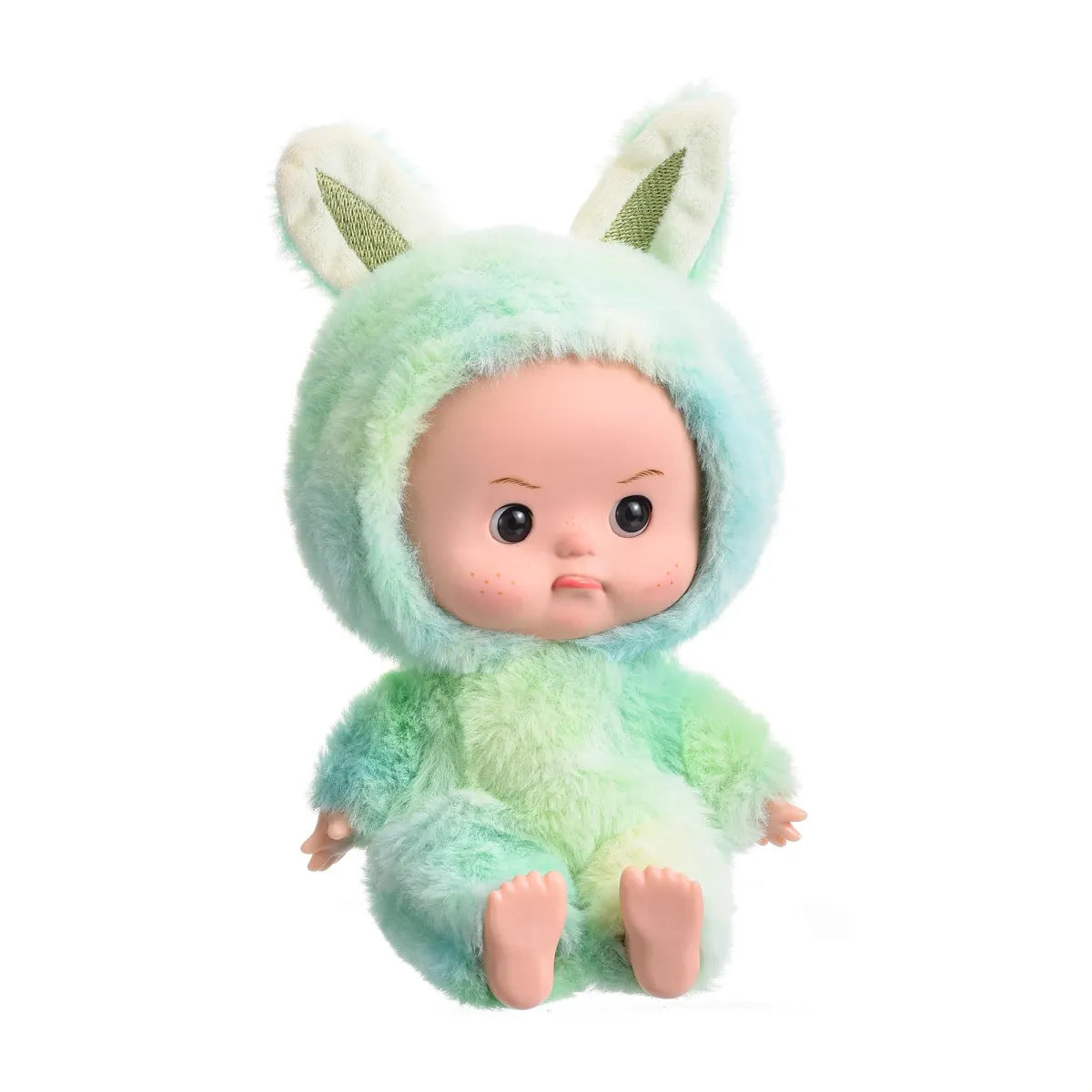 Mint green plush onesie doll with eyes open, seated on a plain white background