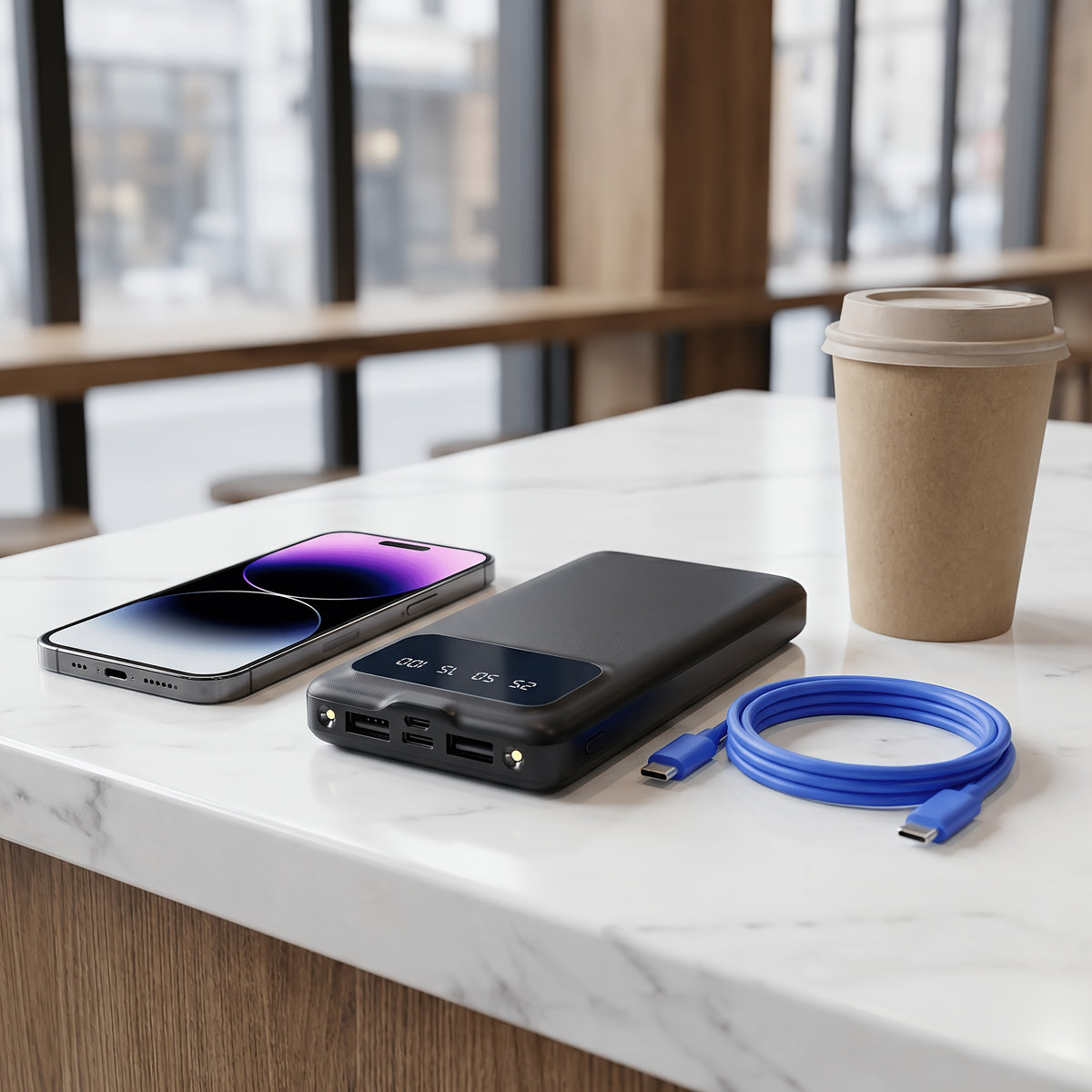 Power bank on a desk beside a phone and a coffee cup