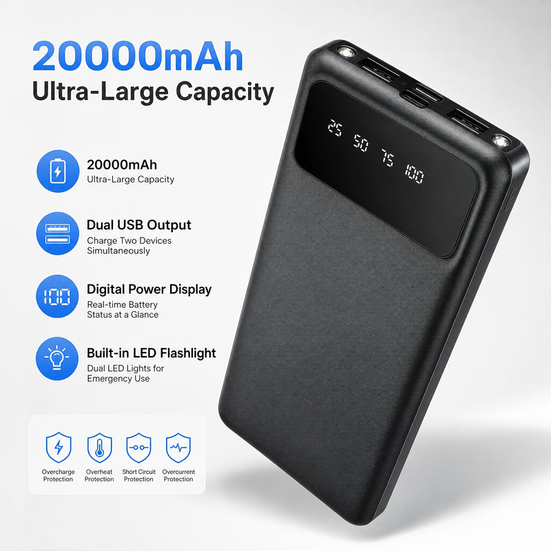Power bank features: 20,000mAh, dual USB output, digital power display, built-in LED flashlight