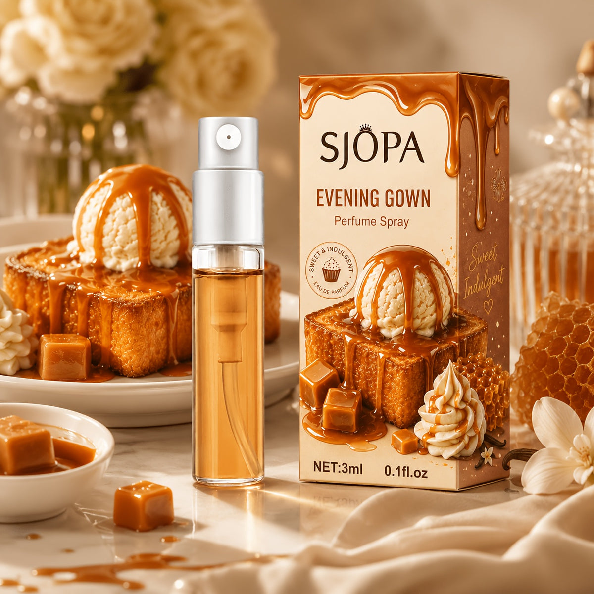 Caramel scented mini perfume spray, 3 ml, with its box