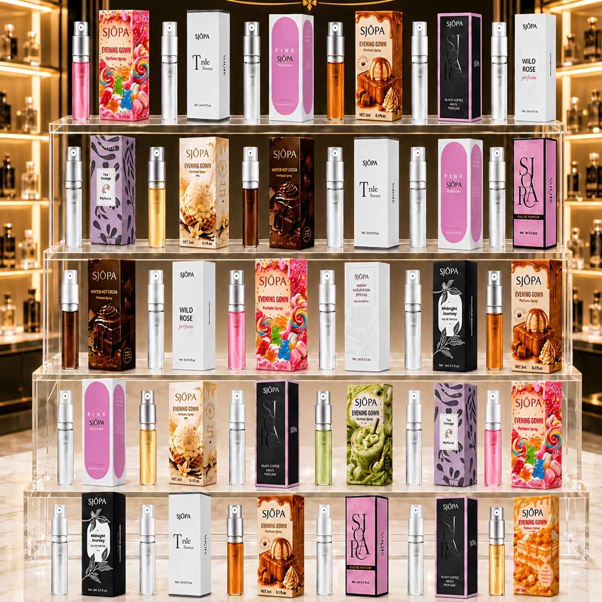 Display shelf of assorted mini perfume sprays in their boxes