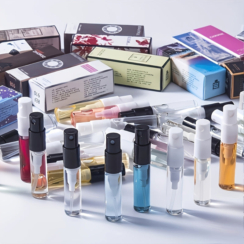 Close-up of mini perfume spray vials in assorted scents