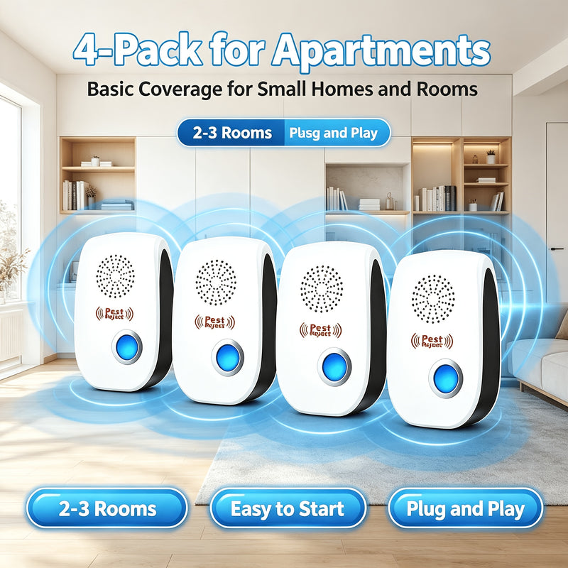 Four plug-in ultrasonic pest repellers in a living room, plug and play