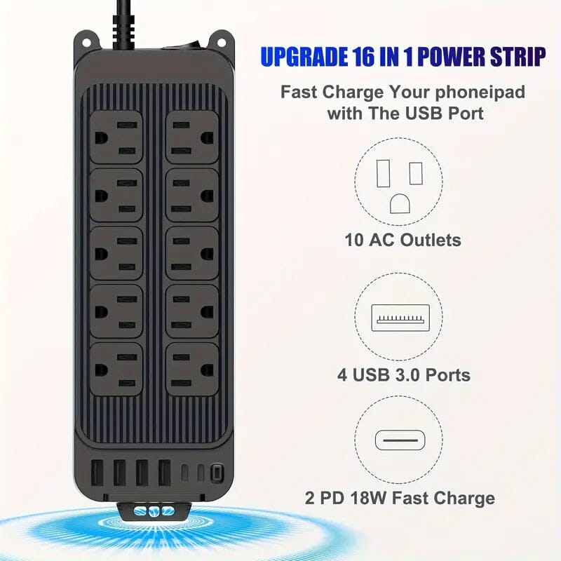 Power Strip Plug with 10-Outlets, 6 USB Ports and 2 USB-C Batteries & Power Accessories - DailySale