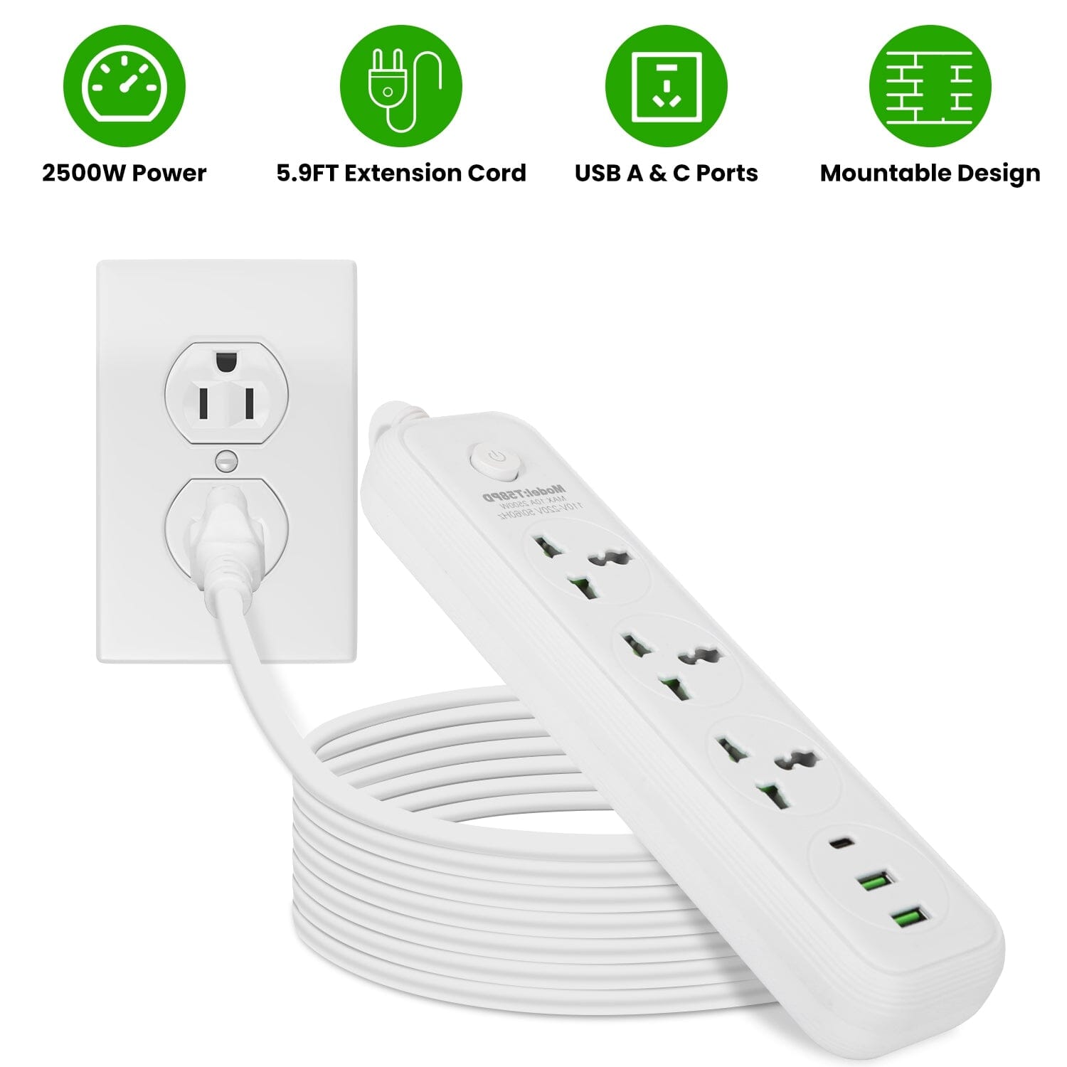 Power Strip with 5.9ft Extension Batteries & Power Accessories - DailySale