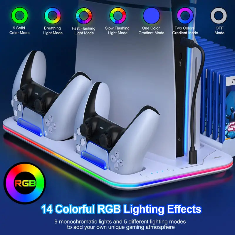 PS5 Cooling Stand with 3-Speed Adjustable Fan - Headset Holder, RGB Lights, and Compact Design for PS5 Slim, PS5 Digital, and Disc Version - White Video Games & Consoles - DailySale