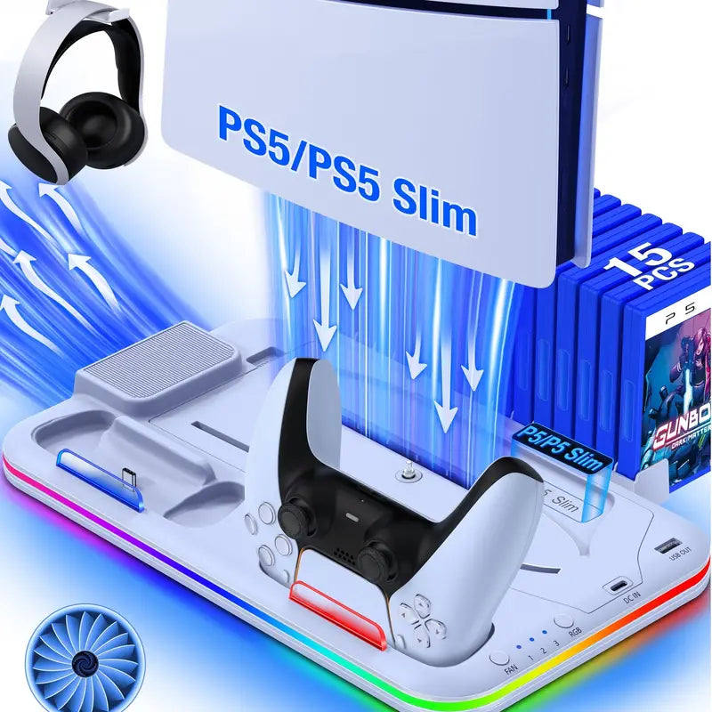 PS5 Cooling Stand with 3-Speed Adjustable Fan - Headset Holder, RGB Lights, and Compact Design for PS5 Slim, PS5 Digital, and Disc Version - White Video Games & Consoles - DailySale