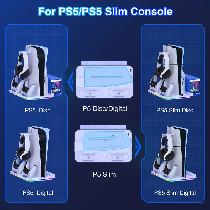 PS5 Cooling Stand with 3-Speed Adjustable Fan - Headset Holder, RGB Lights, and Compact Design for PS5 Slim, PS5 Digital, and Disc Version - White Video Games & Consoles - DailySale