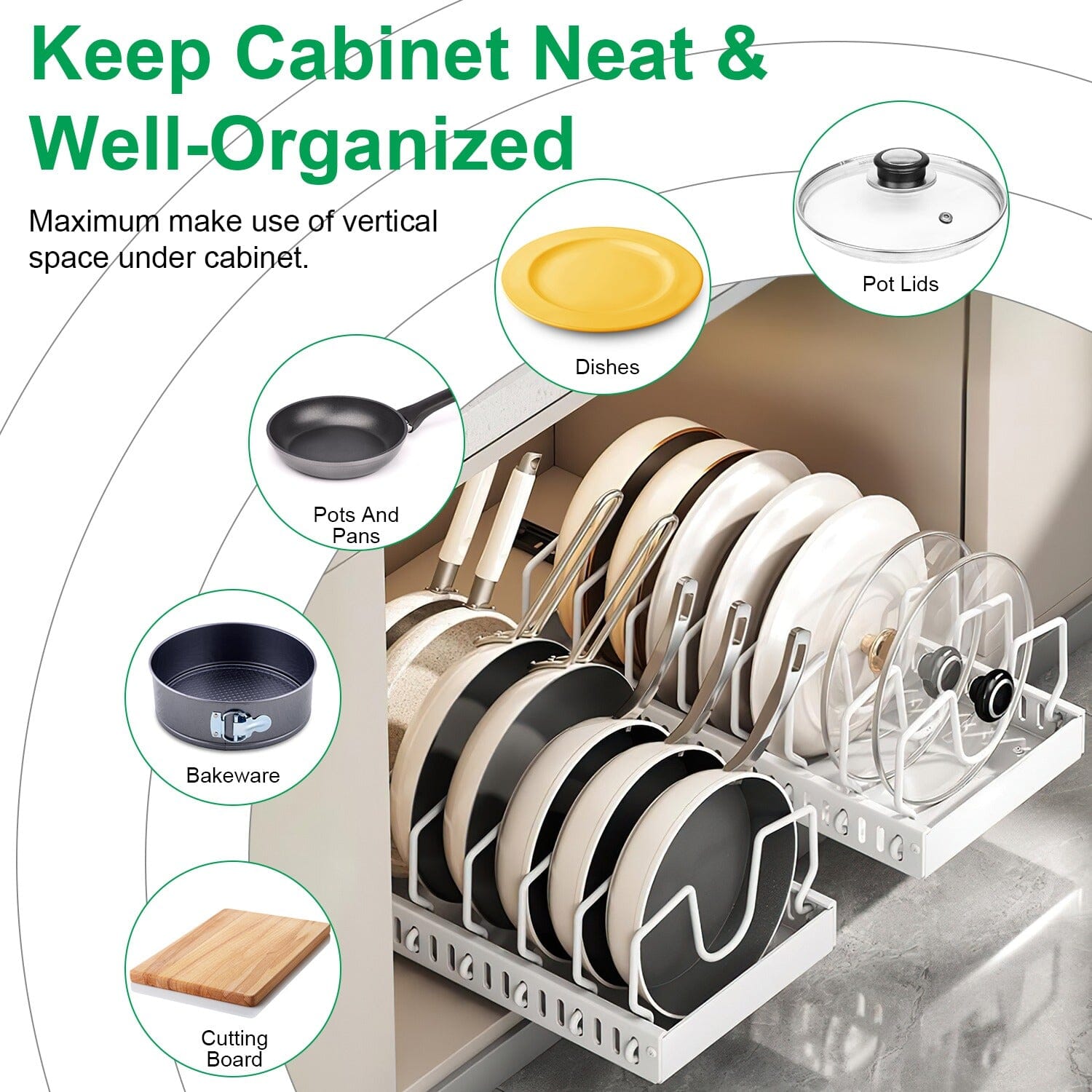 Pull Out Pots and Pans Organizer with 8 Adjustable Dividers Kitchen Storage - DailySale