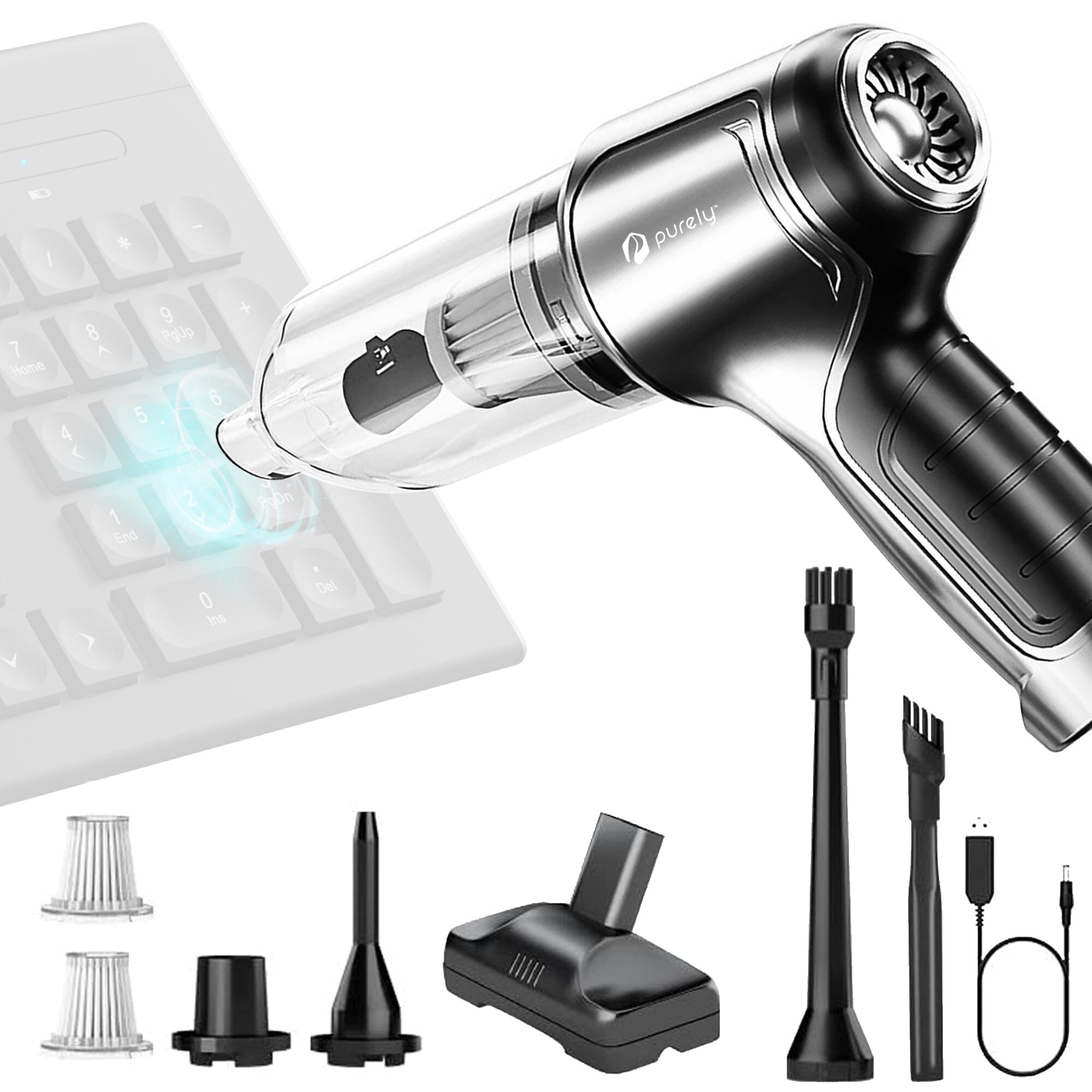 Purely C105 Keyboard Cleaner, Compressed air Duster & Vacuum Cleaner, 35000RPM Rechargeable Cordless Air Blower, Brushless Motor, Electric Devices Cleaning Kit - Silver Household Appliances - DailySale