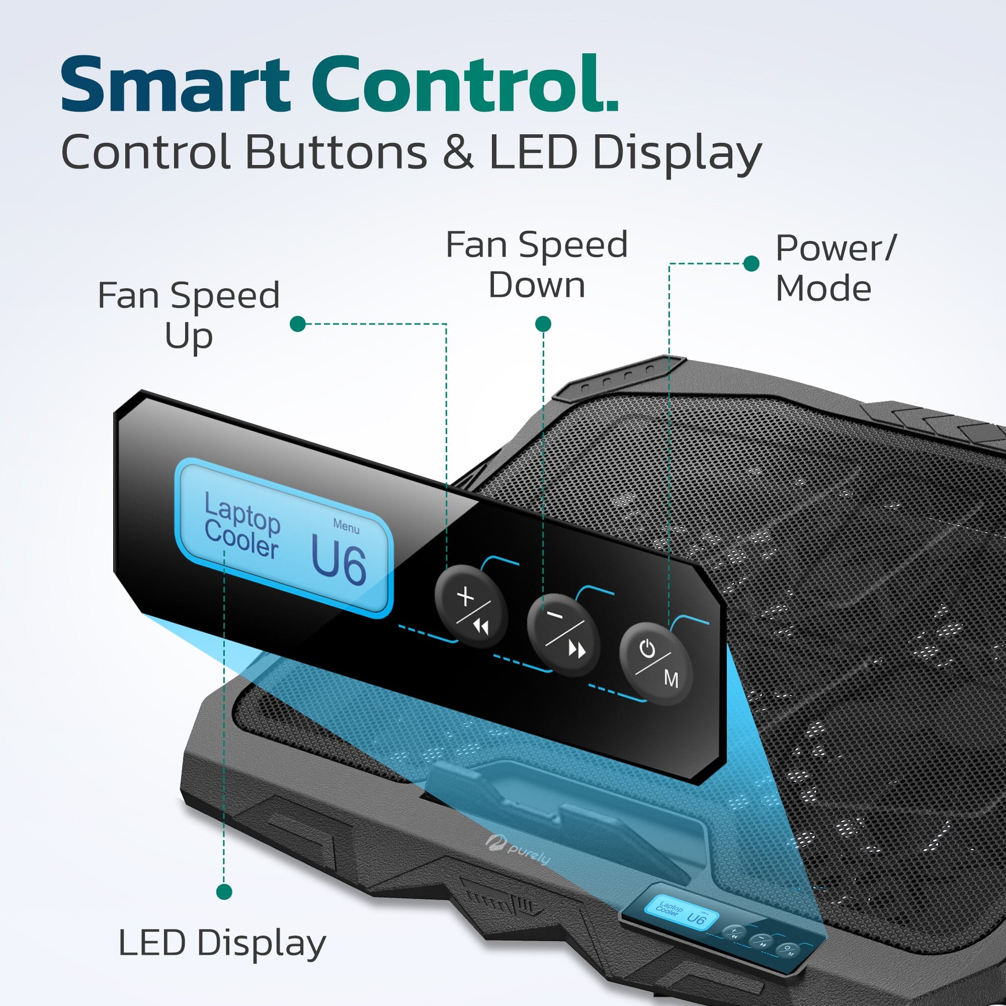 Purely Laptop Cooling Pad, 6 Adjustable Height Laptop Stand, 4 Fans: 3 Fan Modes + 6 Speeds, LED Display, 2 USB Ports Computer Accessories - DailySale