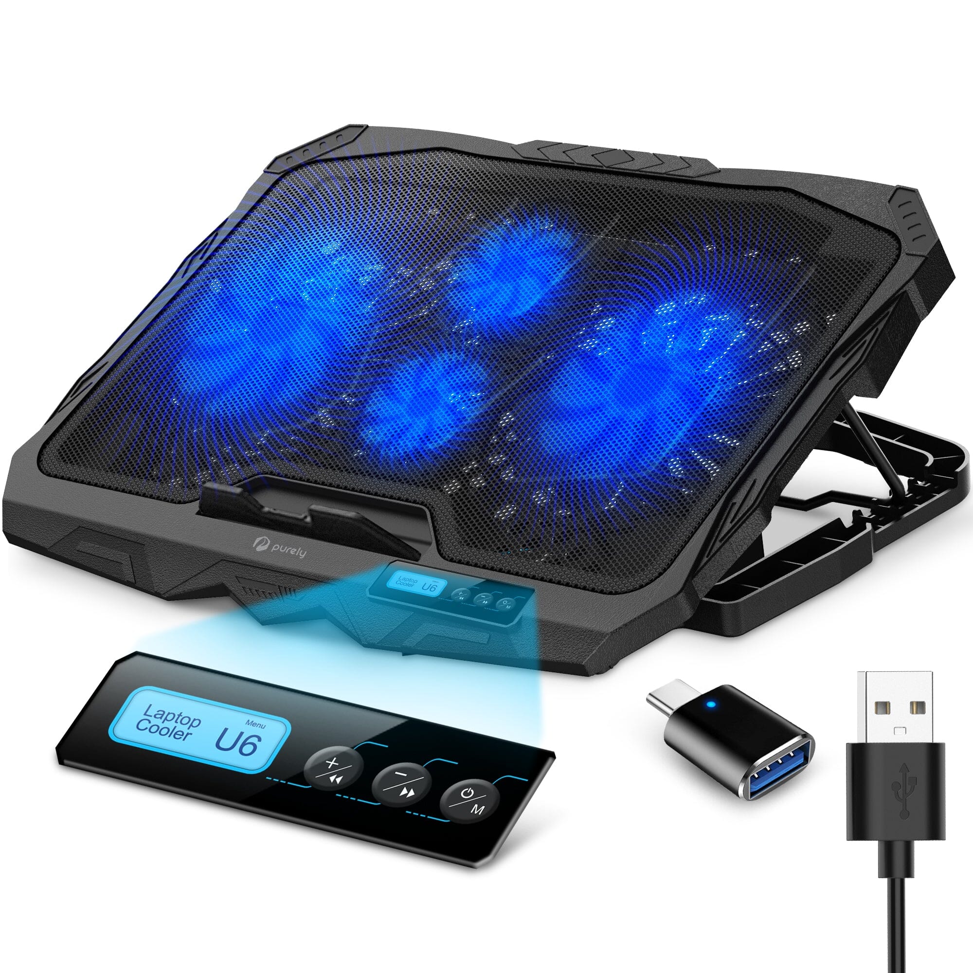 Purely Laptop Cooling Pad, 6 Adjustable Height Laptop Stand, 4 Fans: 3 Fan Modes + 6 Speeds, LED Display, 2 USB Ports Computer Accessories - DailySale