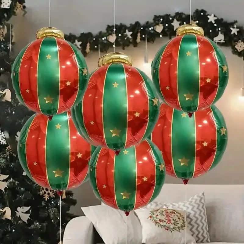 Ornament balloons strung along a garland above a sofa