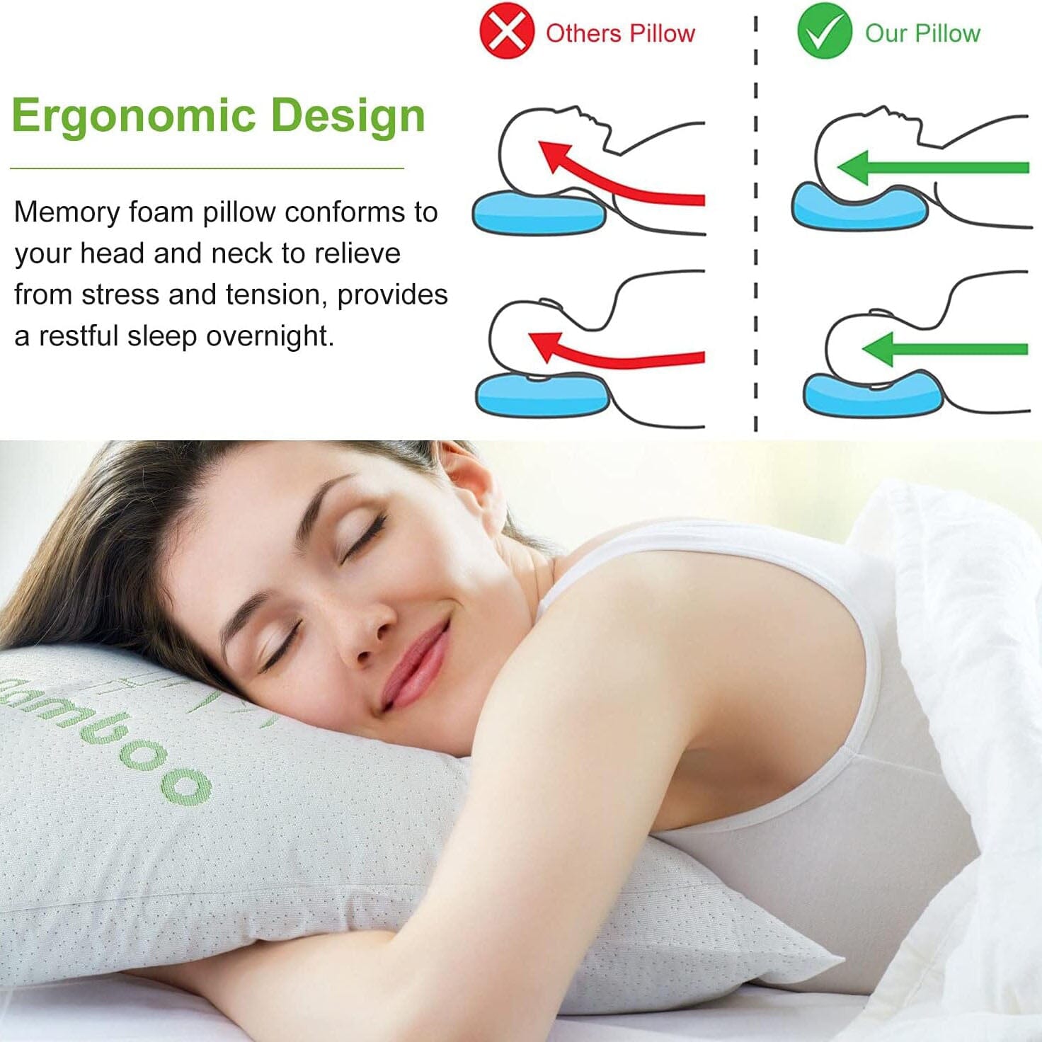 Queen Memory Foam Pillow with Removable Bamboo Cover Bedding - DailySale