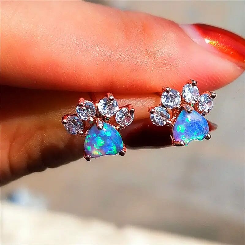 Rose Golden Opal Paw Print Stud Earrings Earrings Blue - DailySale