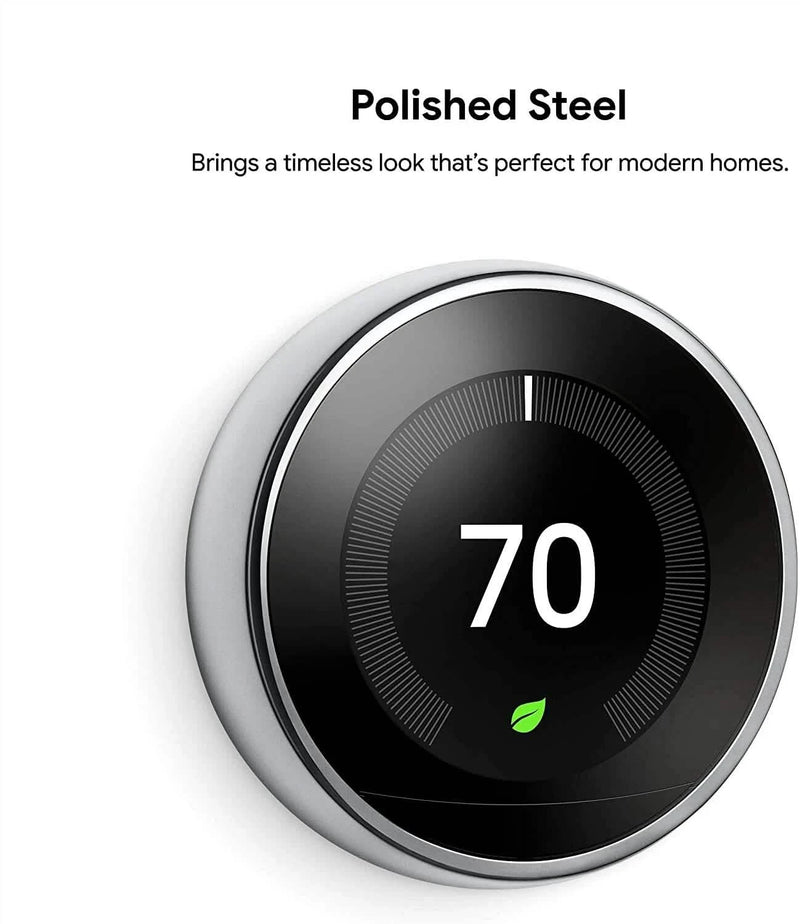Google Nest 3rd Generation Programmable Thermostat w/Base Polished Steel T3019US (Refurbished)