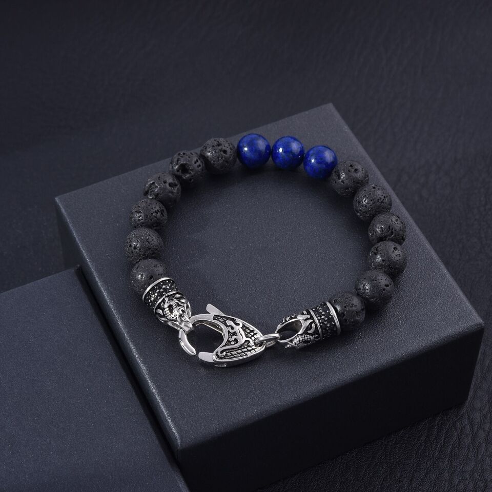 Genuine Black Lava Volcanic Lapis Stainless Steel Beaded Bracelet