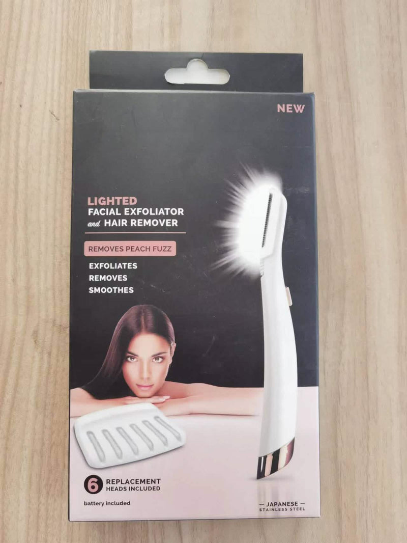 Retail box, lighted facial exfoliator and hair remover with 6 replacement heads