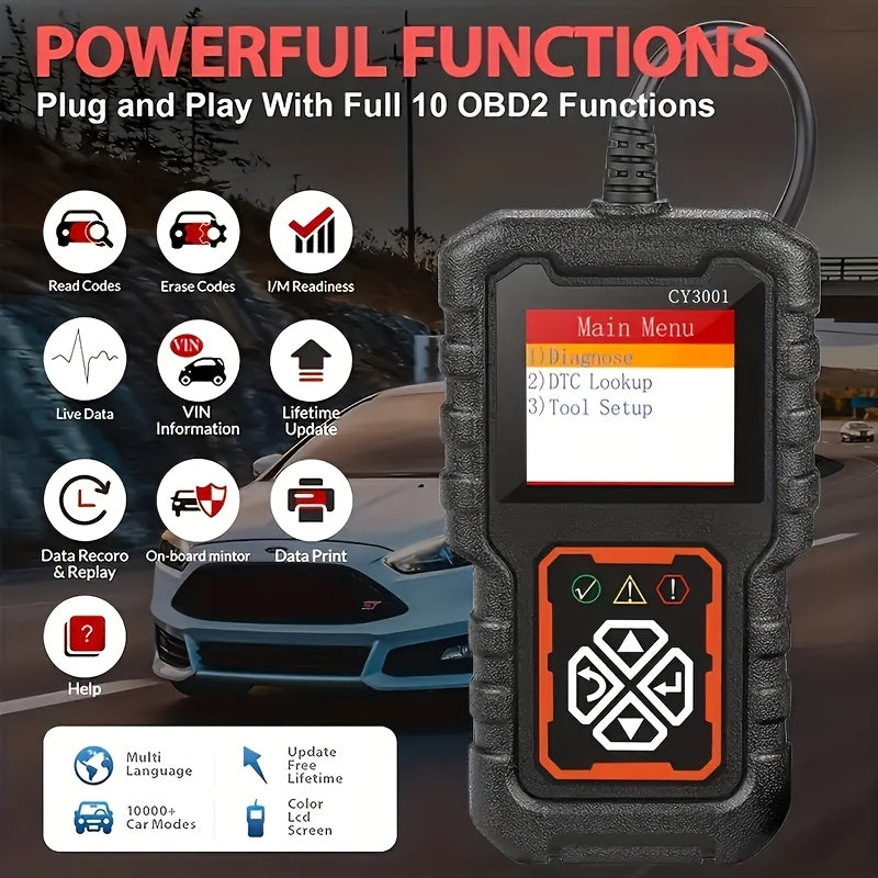 Ten OBD2 functions including read codes, erase codes and I/M readiness