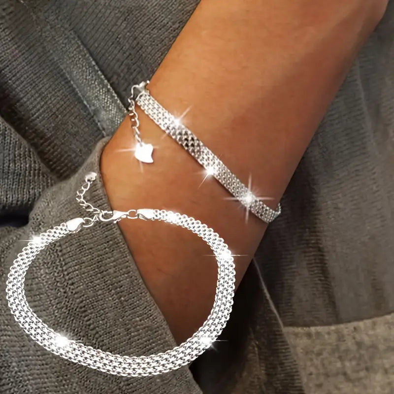 S925 Sterling Silver Chain Bracelet, Sparkling Mesh Embossing Pattern Jewelry Bracelets - DailySale