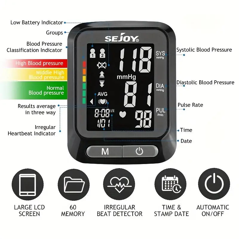 SEJOY Wrist Blood Pressure Monitor Automatic Digital Cuff Heart Rate BP Machine Wellness - DailySale