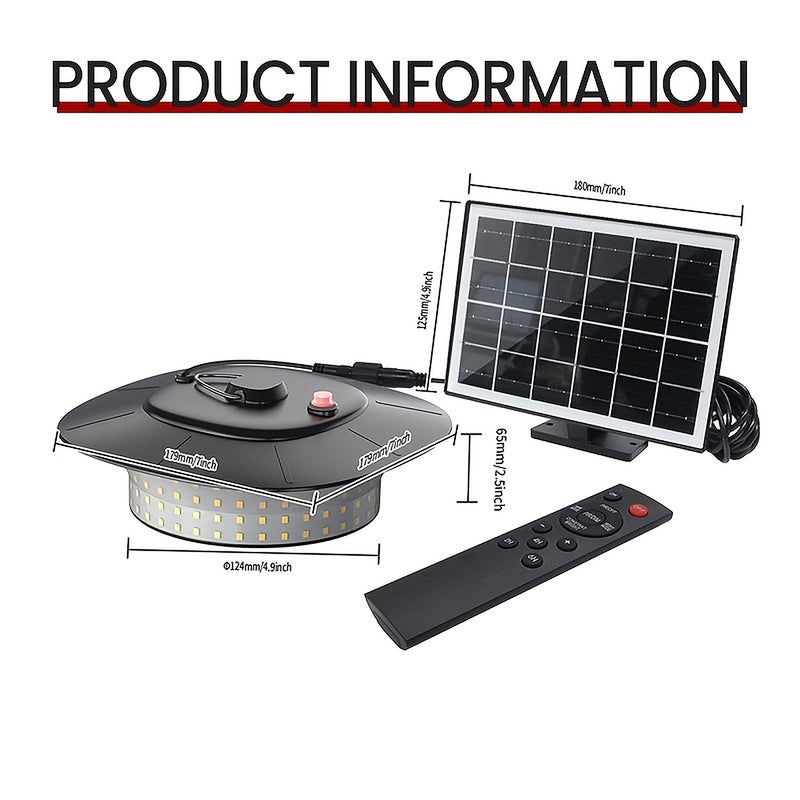 Product layout: the pendant lamp, the solar panel on its cable and the remote, with dimensions
