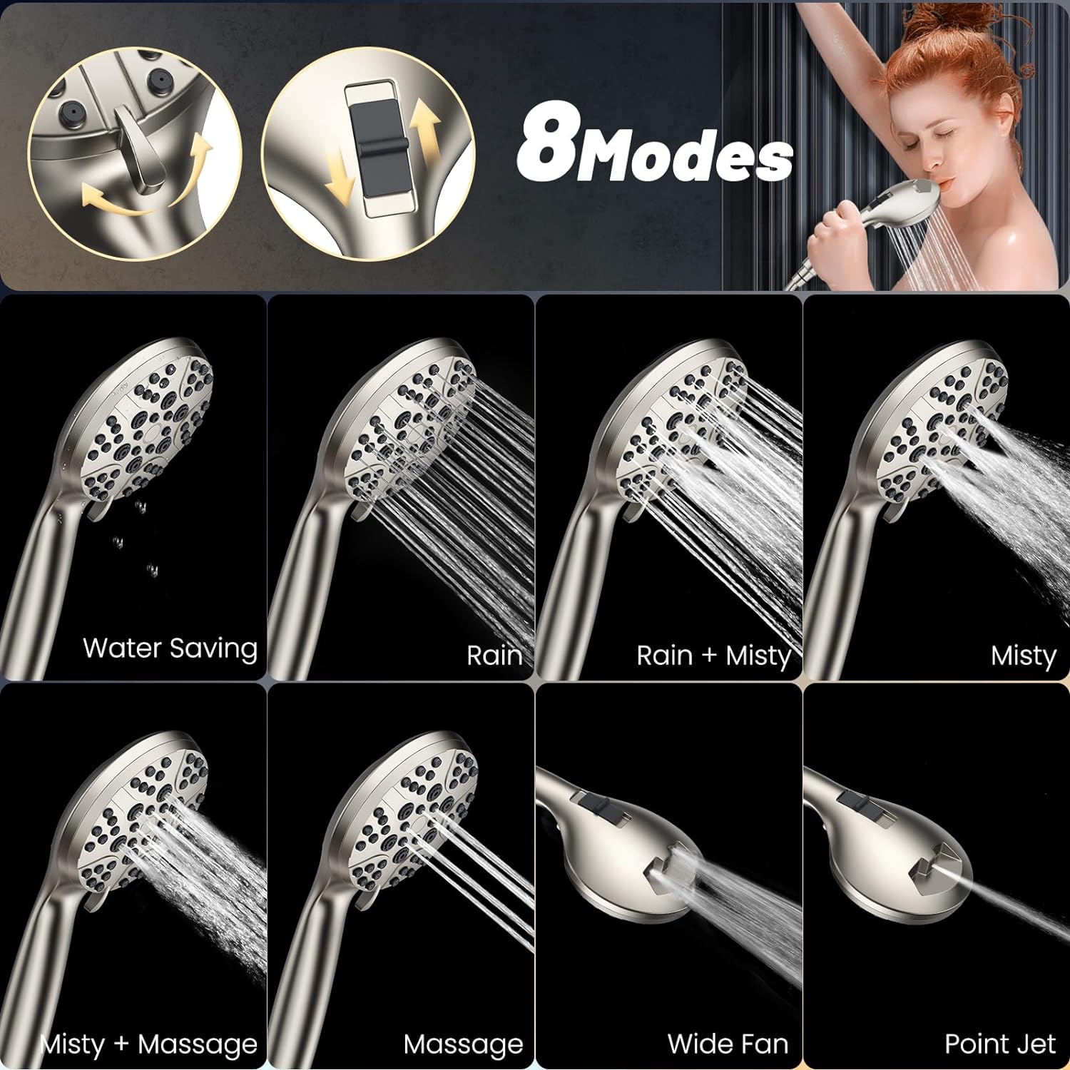 High Pressure 8-Mode Handheld Shower Head  with 80" Extra Long Stainless Steel Hose