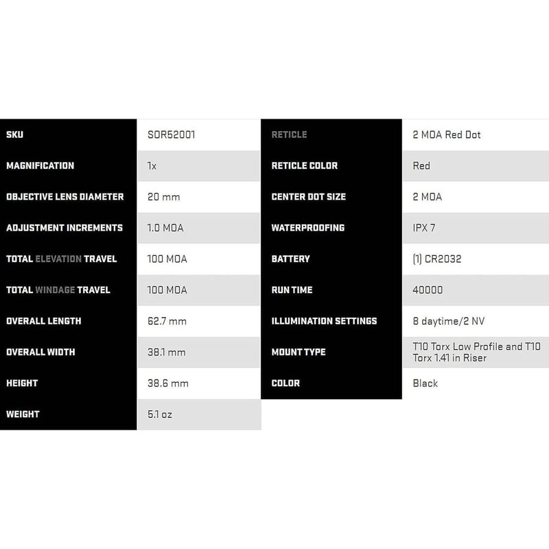 Chart with specifications of Sig Sauer Romeo5 1X20mm Tactical Hunting Shooting sight, available at Dailysale
