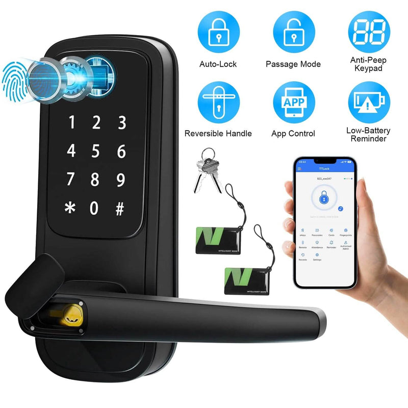 Smart Door Lock with Handle Fingerprints Passcode Keys Fobs App Control Smart Home & Security - DailySale