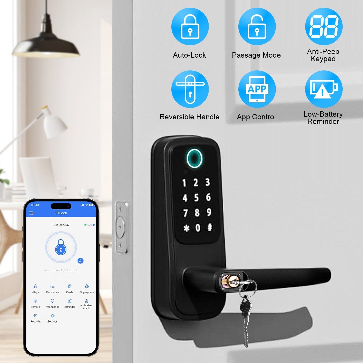 Smart Door Lock with Handle Fingerprints Passcode Keys Fobs App Control Smart Home & Security - DailySale