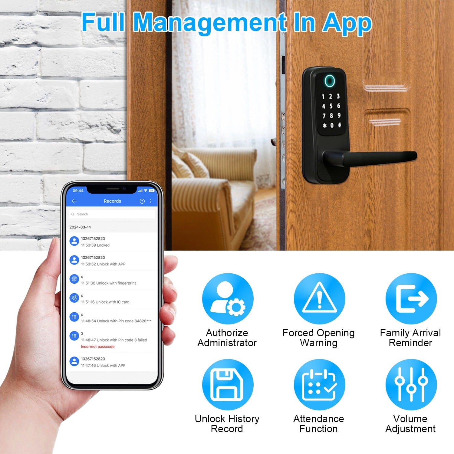 Smart Door Lock with Handle Fingerprints Passcode Keys Fobs App Control Smart Home & Security - DailySale