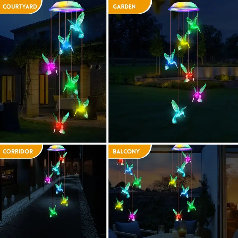 Solar Hummingbird Wind Chimes, Color Changing Solar Wind Chimes Garden & Patio - DailySale