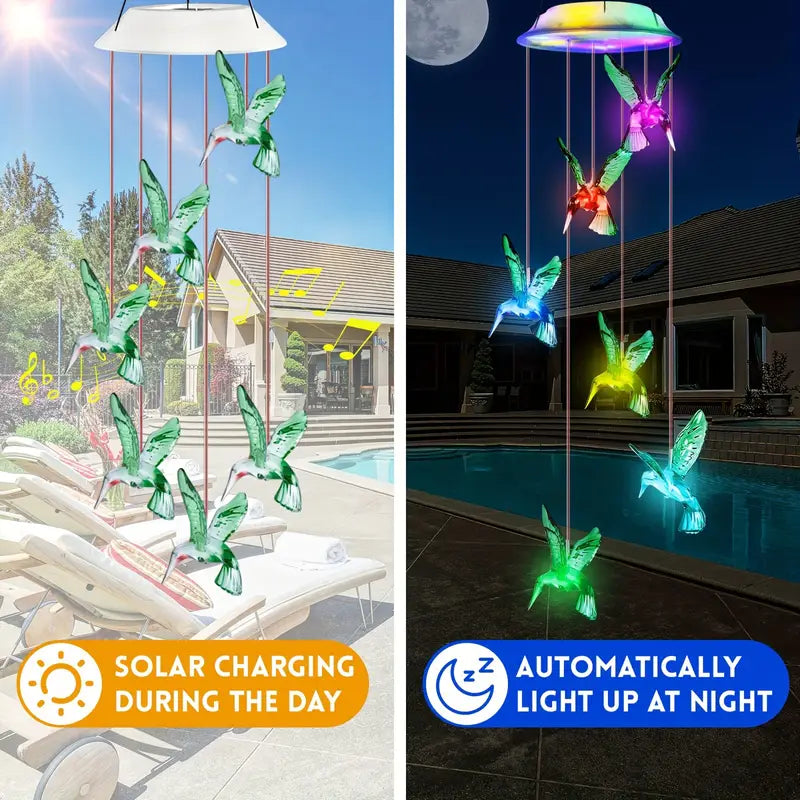 Solar Hummingbird Wind Chimes, Color Changing Solar Wind Chimes Garden & Patio - DailySale