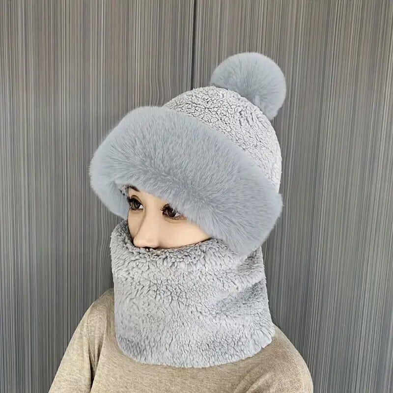 Solid Color Thickened Plush Neck Gaiter Mask Windproof Hooded Ear Protection Windproof Ski Hat Women's Shoes & Accessories Gray - DailySale