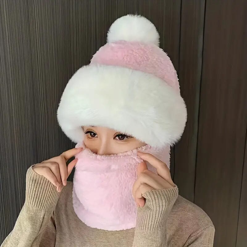 Solid Color Thickened Plush Neck Gaiter Mask Windproof Hooded Ear Protection Windproof Ski Hat Women's Shoes & Accessories Pink - DailySale