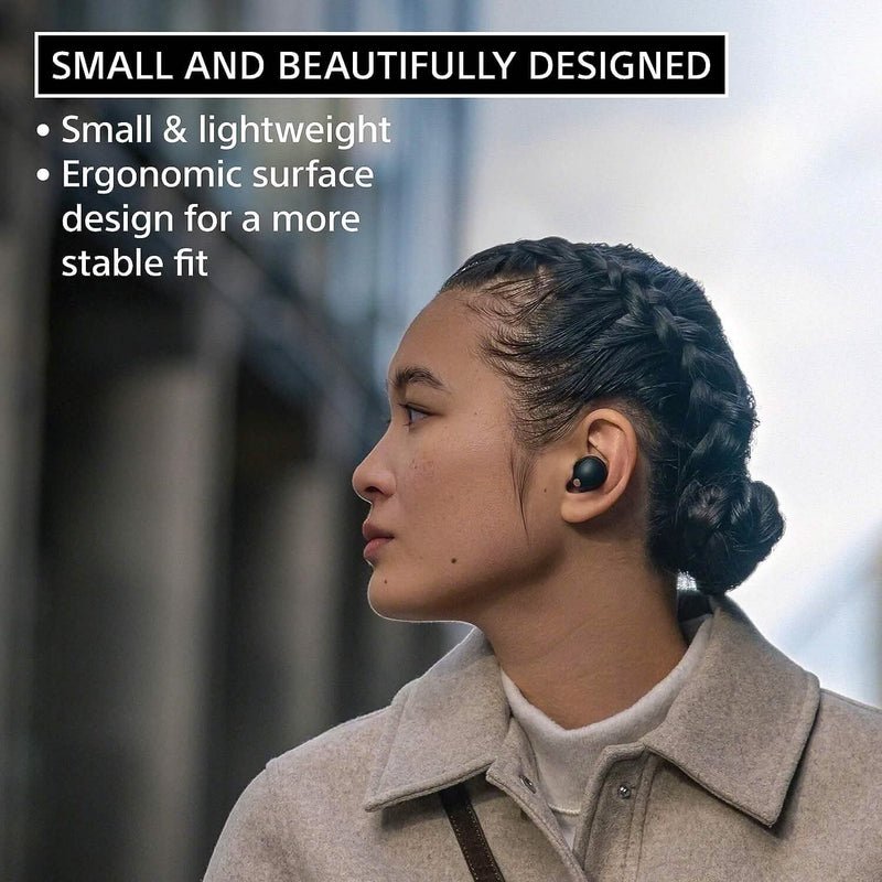 Woman wearing a set of Sony WF-1000XM5 The Best Truly Wireless Bluetooth Noise Canceling Headphones