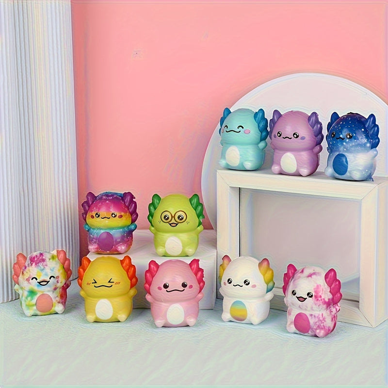 Ten mini slow-rise axolotl squishy toys displayed on a shelf