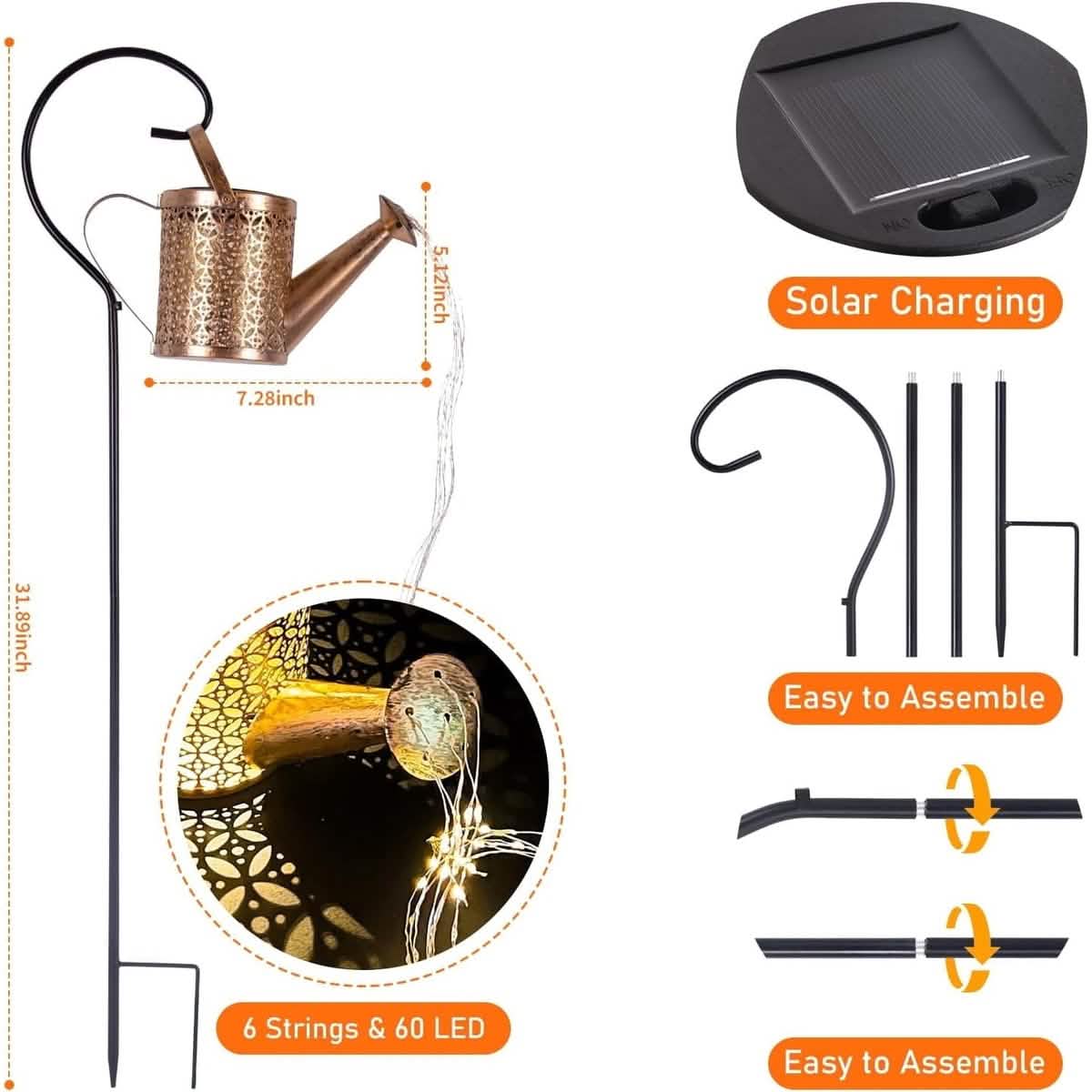 Solar panel, stake sections and easy assembly detail