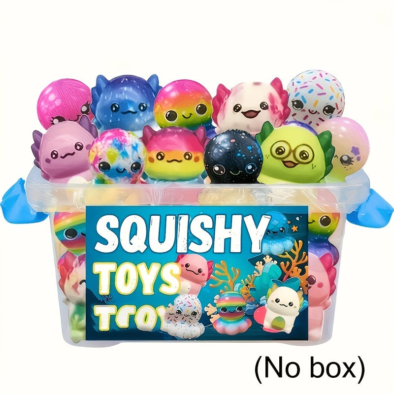 Assorted mini slow-rise squishy toys in axolotl, octopus and round critter designs