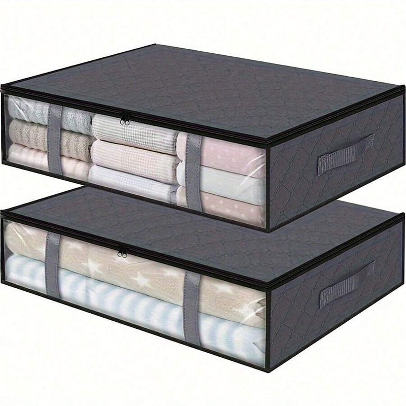 Two grey quilted storage bags with clear front windows, stacked