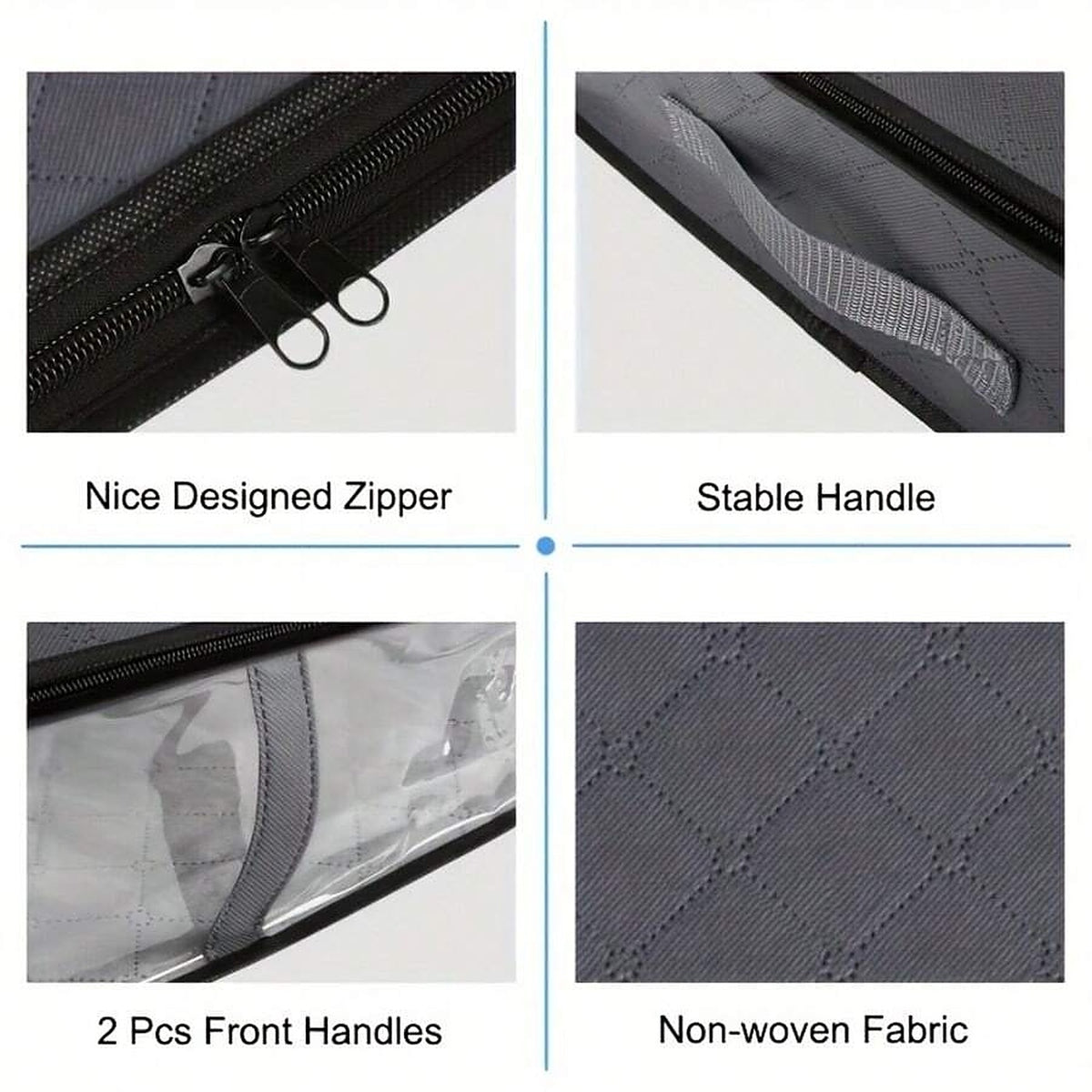 Close-up of the zipper, two front handles and non-woven fabric