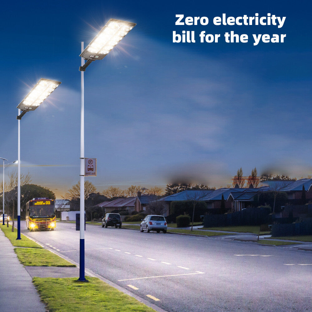 Two solar street lights mounted on roadside poles