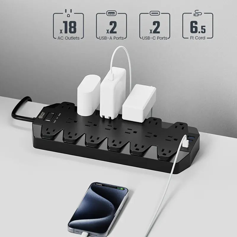 Superdanny 18 AC Outlets Surge Protector Power Strip with 2 USB C and 2 USB A Ports Batteries & Power Accessories - DailySale