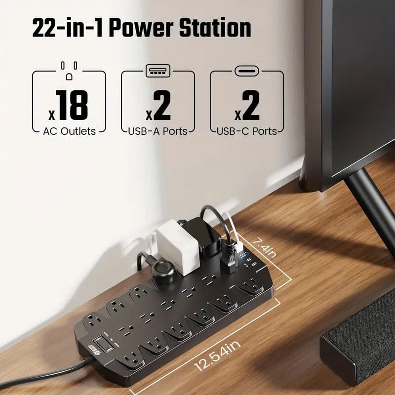 Superdanny 18 AC Outlets Surge Protector Power Strip with 2 USB C and 2 USB A Ports Batteries & Power Accessories - DailySale