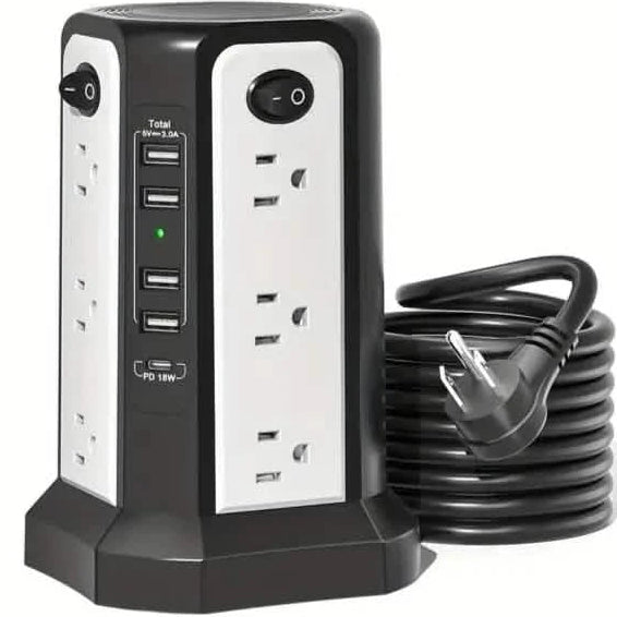 Surge Protector Tower 1800J with 4 USB A Ports, USB C (PD18W) Port, 12 AC Outlets and 10FT Flat Plug Extension Cord Mobile Accessories Black - DailySale