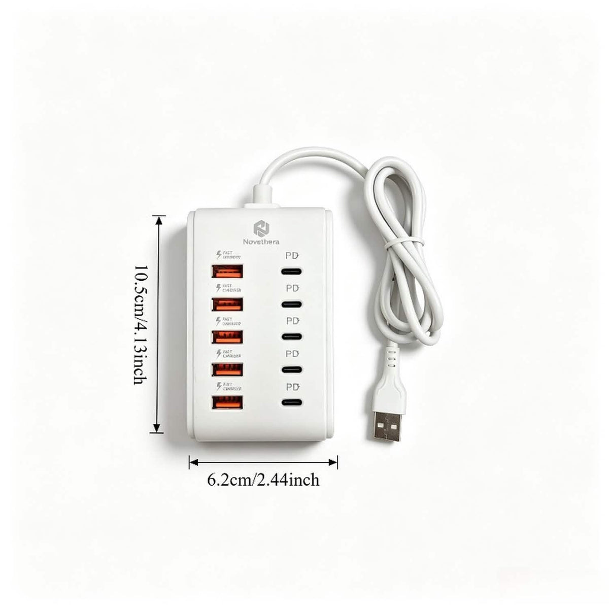 Dimensions 10.5 by 6.2 cm, 4.13 by 2.44 inches, with the attached USB-A cable